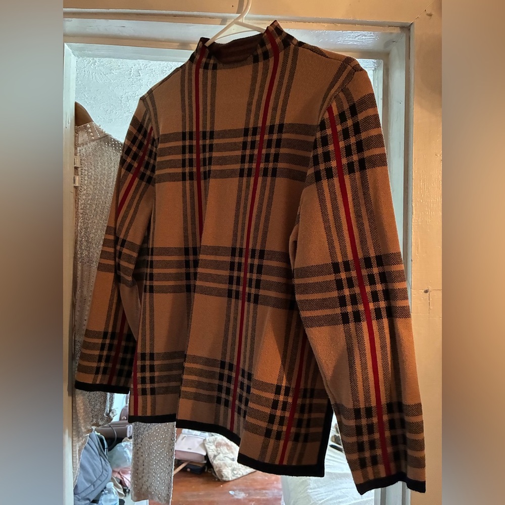 Anne Klein Plaid Mock-Neck Sweater - Tan, Black & Red